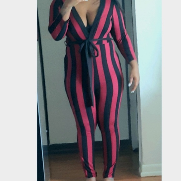 Striped  Long Sleeve Jumpsuit w/belt - Picture 3 of 5